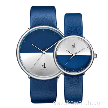 Relojes de pareja de moda de marca superior SK para hombres y mujeres, reloj de cuarzo de lujo minimalista con correa de cuero, reloj de pulsera informal para pareja